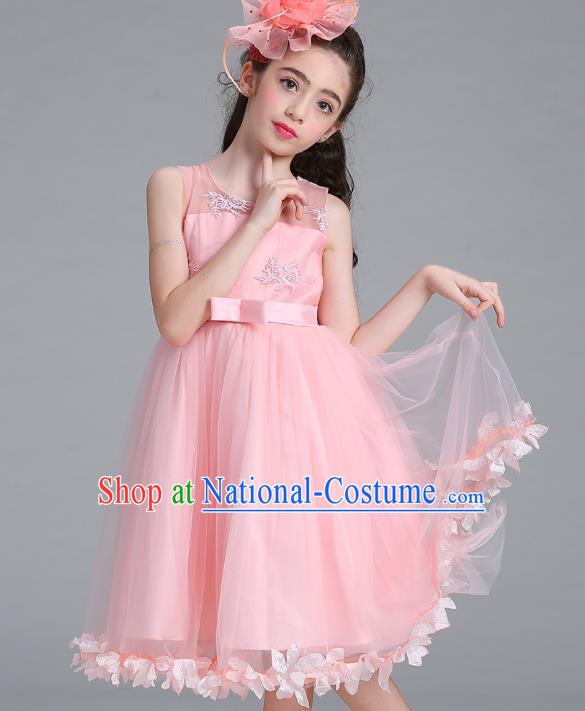 Children Models Show Compere Costume Stage Performance Girls Princess Pink Full Dress for Kids