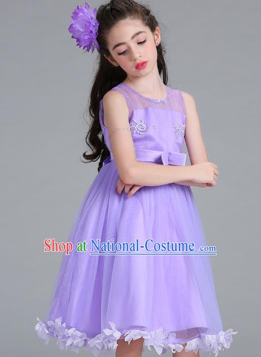 Children Models Show Compere Costume Stage Performance Girls Princess Purple Full Dress for Kids