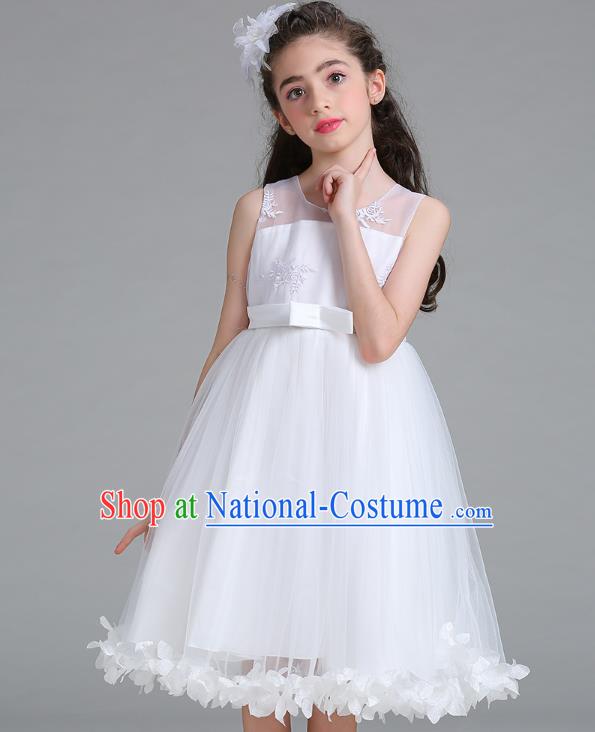 Children Models Show Compere Costume Stage Performance Girls Princess White Full Dress for Kids