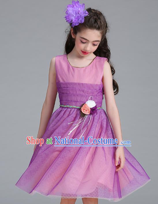 Children Models Show Compere Costume Stage Performance Girls Princess Rosy Dress for Kids