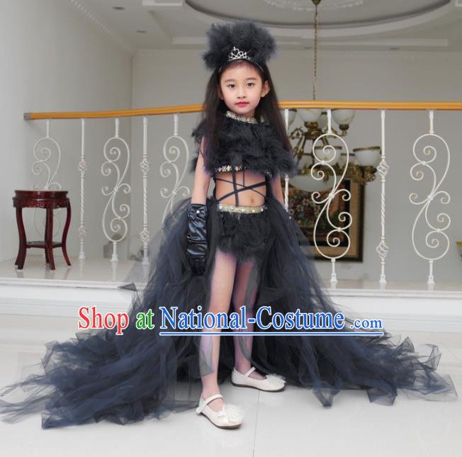 Children Models Show Compere Costume Girls Princess Black Veil Mullet Dress Stage Performance Clothing for Kids