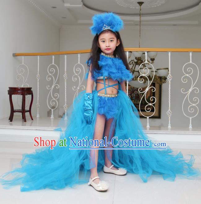 Children Models Show Compere Costume Girls Princess Blue Veil Mullet Dress Stage Performance Clothing for Kids