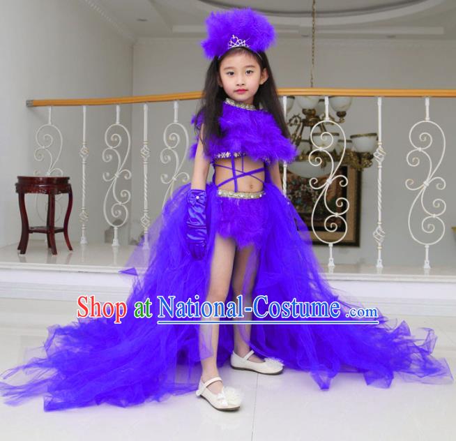 Children Models Show Compere Costume Girls Princess Purple Veil Mullet Dress Stage Performance Clothing for Kids