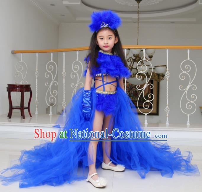 Children Models Show Compere Costume Girls Princess Royalblue Veil Mullet Dress Stage Performance Clothing for Kids