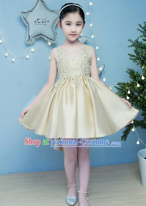 Children Models Show Compere Costume Girls Princess Golden Full Dress Stage Performance Clothing for Kids