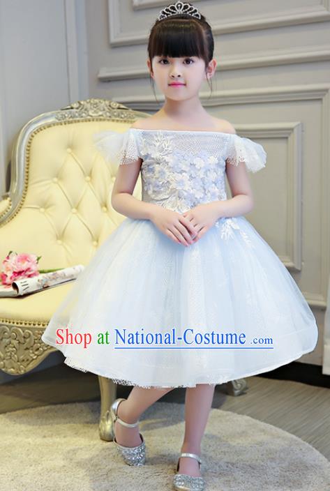 Children Models Show Compere Costume Girls Princess Blue Veil Full Dress Stage Performance Clothing for Kids