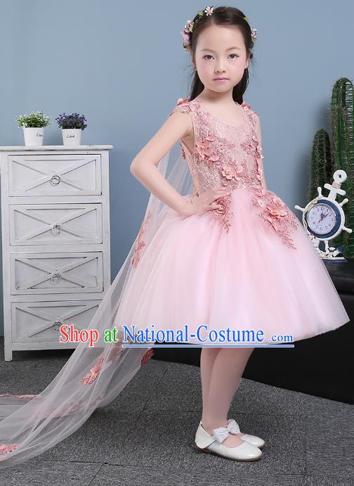 Children Models Show Costume Compere Pink Full Dress Stage Performance Clothing for Kids