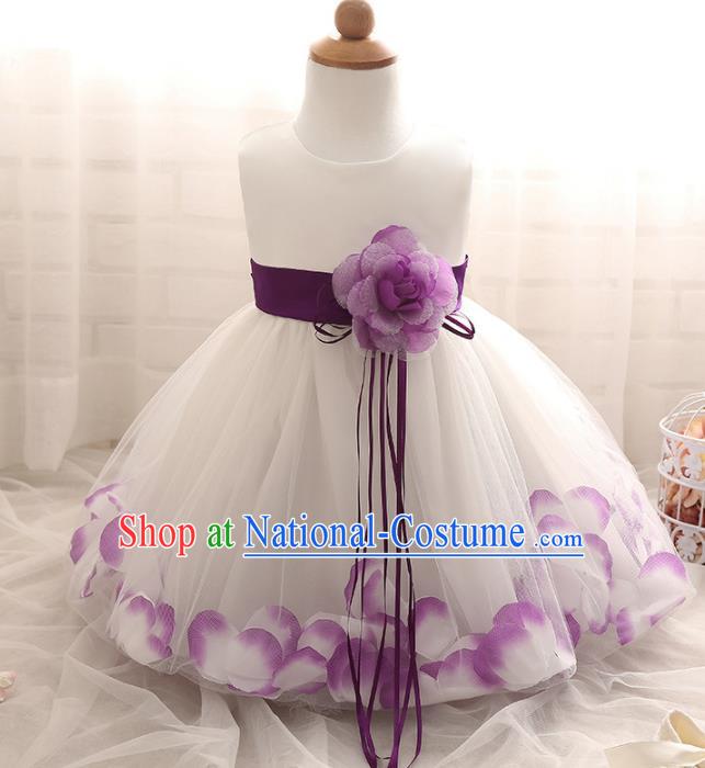 Children Models Show Costume Compere Purple Rose Full Dress Stage Performance Clothing for Kids