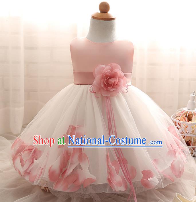 Children Models Show Costume Compere Pink Rose Full Dress Stage Performance Clothing for Kids