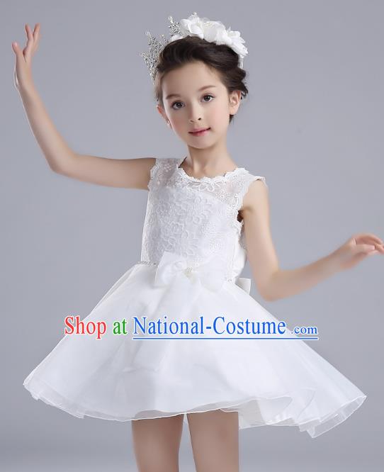 Children Models Show Costume Catwalks Stage Performance Dance White Dress for Kids