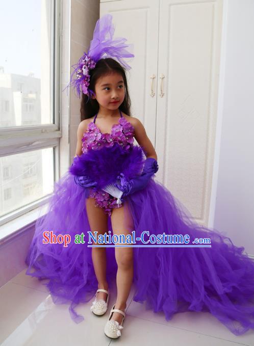 Children Models Show Costume Catwalks Stage Performance Purple Dress and Hat for Kids