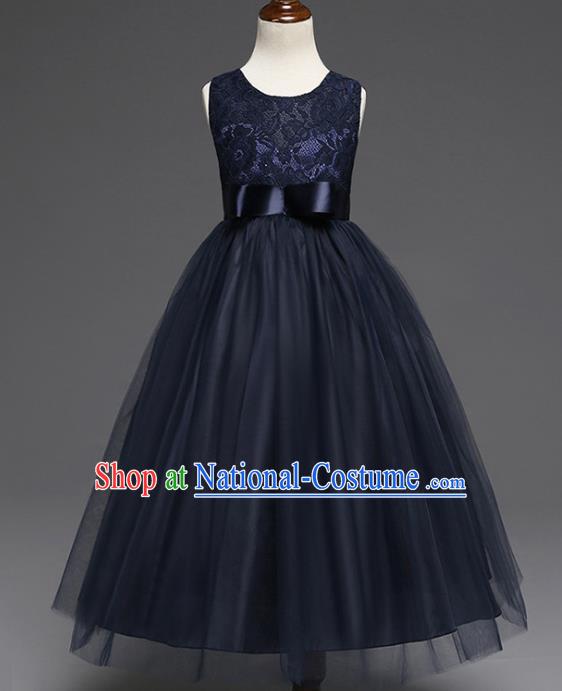 Children Models Show Costume Compere Navy Lace Full Dress Stage Performance Clothing for Kids