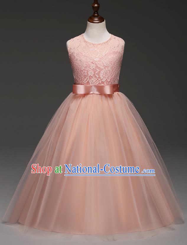 Children Models Show Costume Compere Pink Lace Full Dress Stage Performance Clothing for Kids