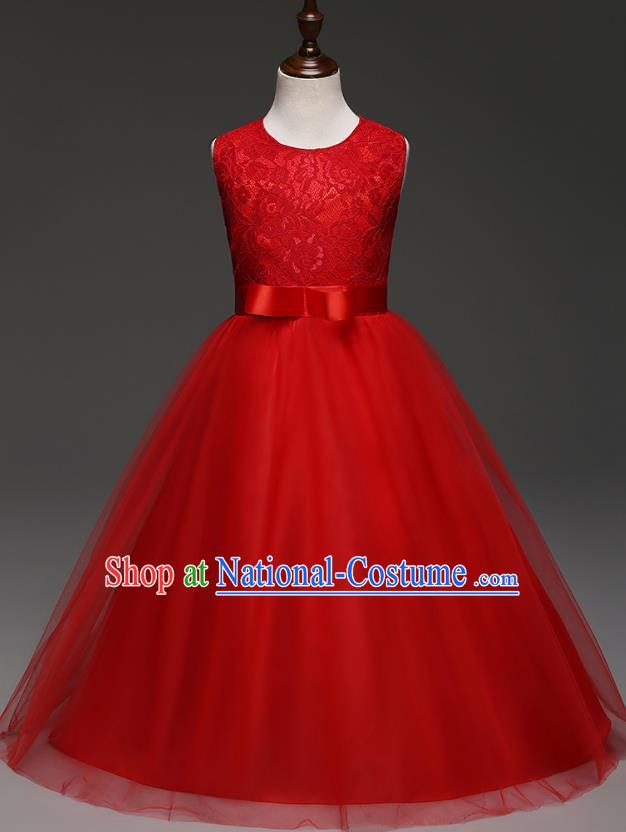 Children Models Show Costume Compere Red Lace Full Dress Stage Performance Clothing for Kids