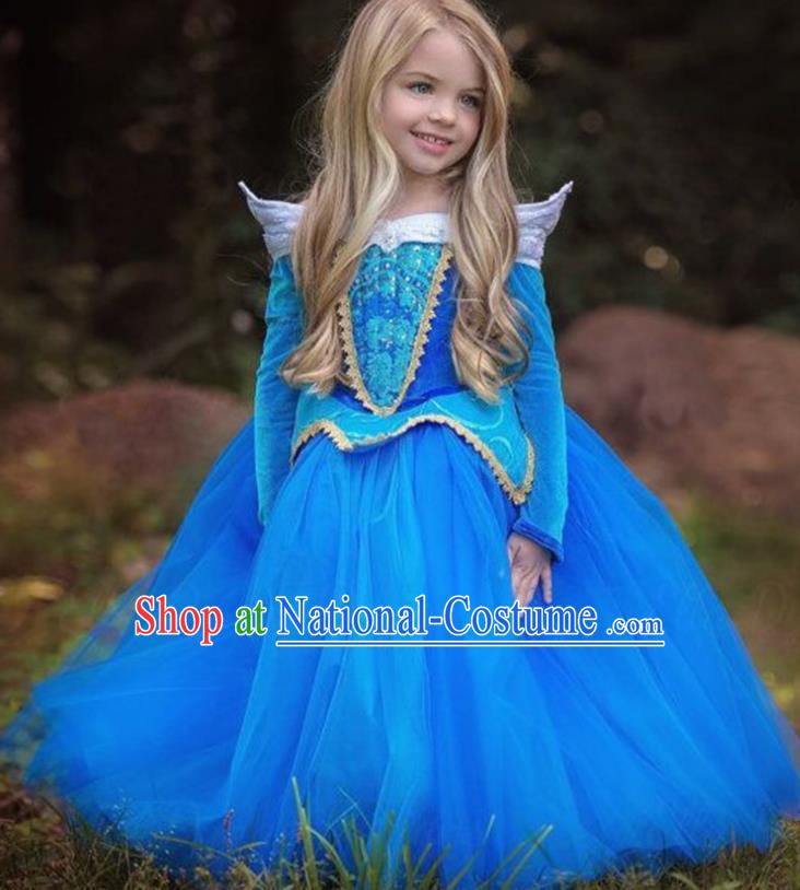 Children Fairytales Princess Costume Compere Modern Dance Stage Performance Catwalks Blue Dress for Kids