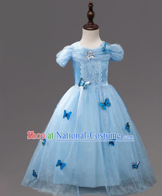 Children Fairy Princess Costume Compere Stage Performance Catwalks Blue Butterfly Dress for Kids