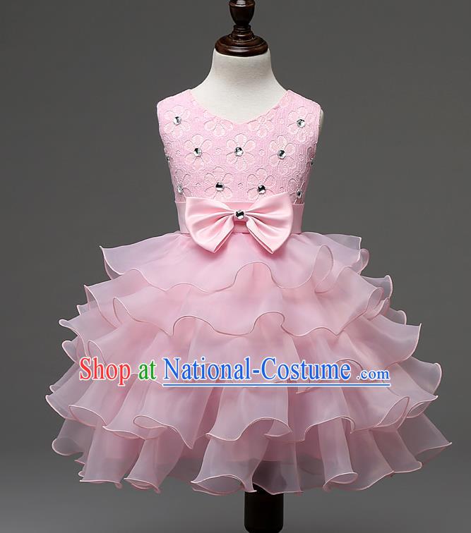 Children Fairy Princess Pink Layered Dress Stage Performance Catwalks Compere Costume for Kids