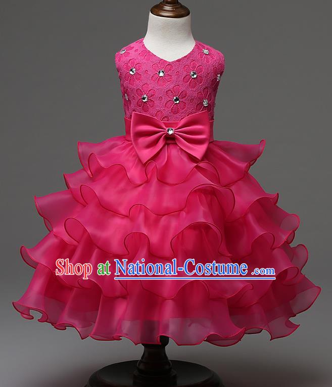 Children Fairy Princess Rosy Layered Dress Stage Performance Catwalks Compere Costume for Kids