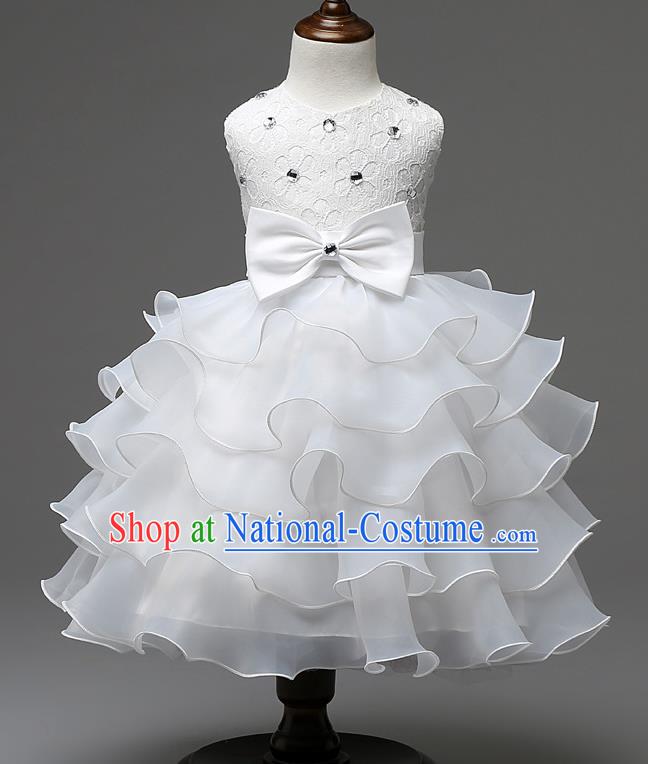 Children Fairy Princess White Layered Dress Stage Performance Catwalks Compere Costume for Kids