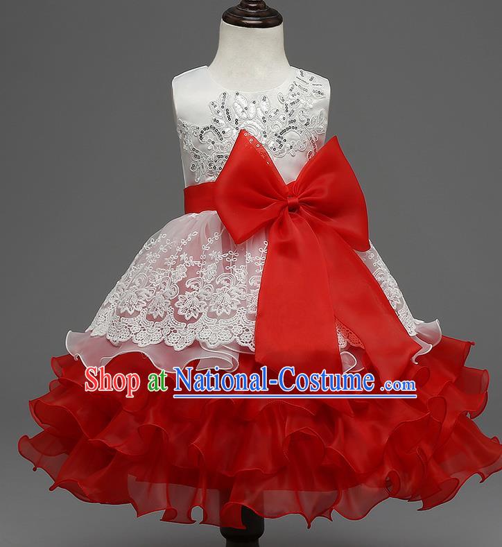 Children Flower Fairy Costume Modern Dance Stage Performance Catwalks Compere Red Full Dress for Kids