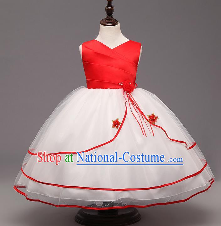 Children Flower Fairy Costume Compere Modern Dance Stage Performance Catwalks Red Dress for Kids