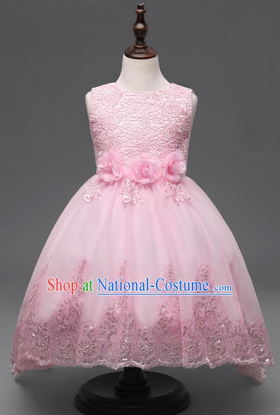 Children Fairy Princess Pink Lace Dress Stage Performance Catwalks Compere Costume for Kids