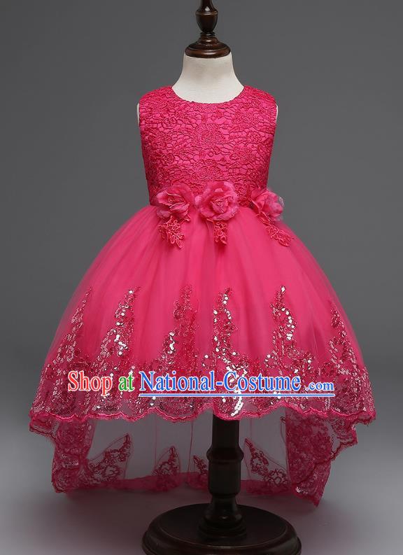 Children Fairy Princess Rosy Lace Dress Stage Performance Catwalks Compere Costume for Kids