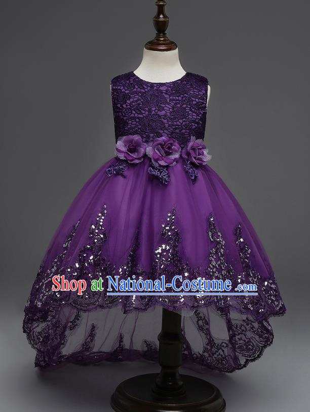 Children Fairy Princess Purple Lace Dress Stage Performance Catwalks Compere Costume for Kids