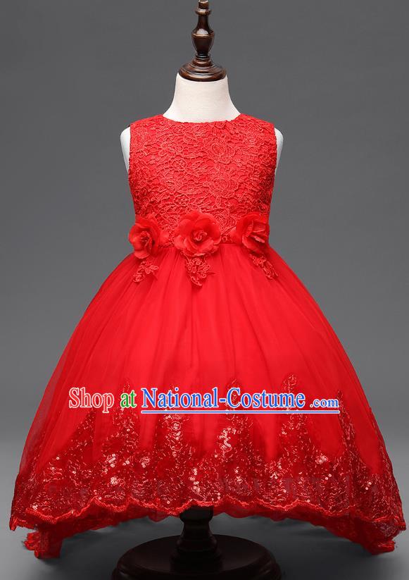 Children Fairy Princess Red Lace Dress Stage Performance Catwalks Compere Costume for Kids