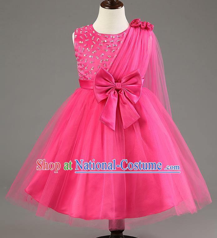 Children Fairy Princess Bowknot Rosy Dress Stage Performance Catwalks Compere Costume for Kids