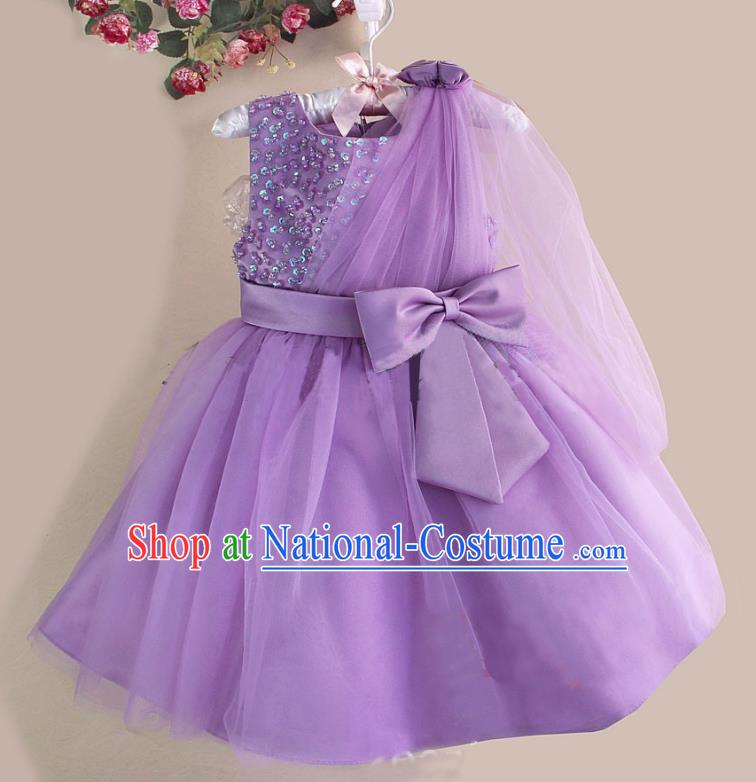 Children Fairy Princess Bowknot Purple Dress Stage Performance Catwalks Compere Costume for Kids