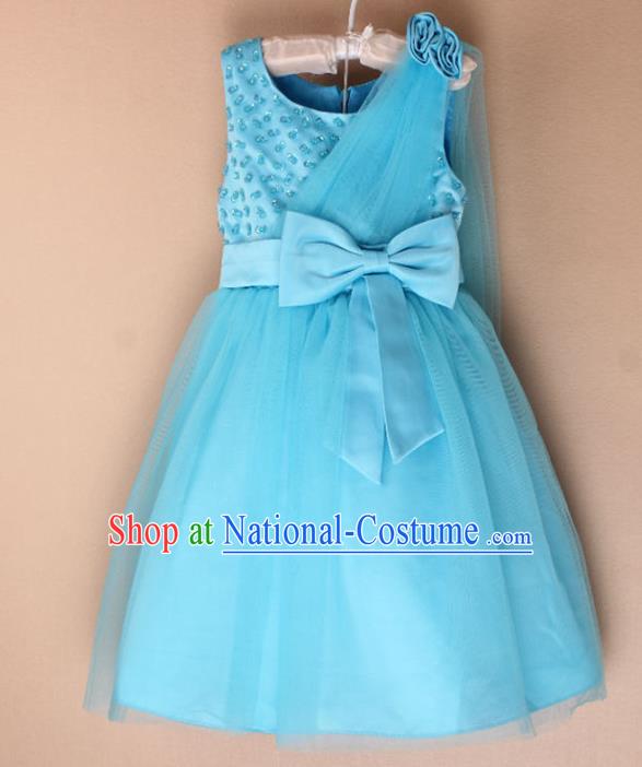 Children Fairy Princess Bowknot Blue Dress Stage Performance Catwalks Compere Costume for Kids