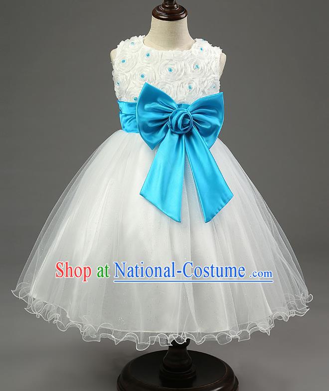 Children Fairy Princess Blue Bowknot Dress Stage Performance Catwalks Compere Costume for Kids