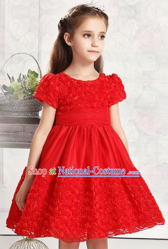 Children Modern Dance Red Rose Dress Stage Performance Catwalks Compere Costume for Kids