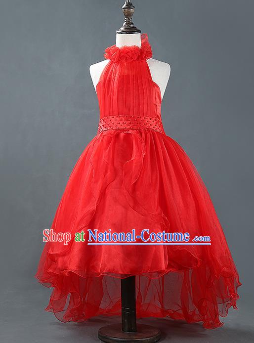 Children Modern Dance Princess Red Mullet Dress Stage Performance Catwalks Compere Costume for Kids