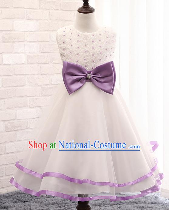 Children Fairy Princess Purple Bowknot Dress Stage Performance Catwalks Compere Costume for Kids