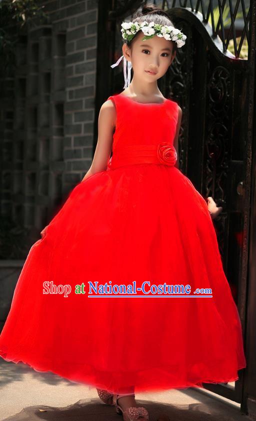 Children Modern Dance Princess Red Dress Stage Performance Catwalks Compere Costume for Kids