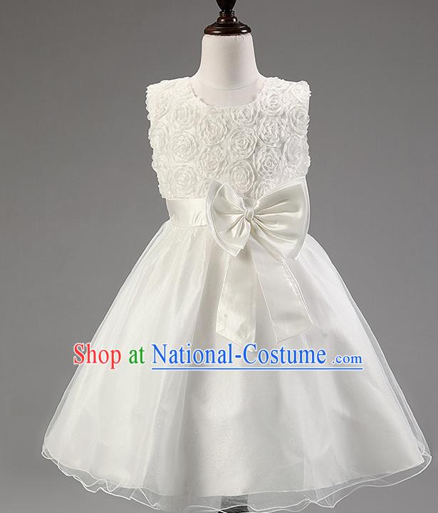 Children Modern Dance Princess White Rose Dress Stage Performance Catwalks Compere Costume for Kids