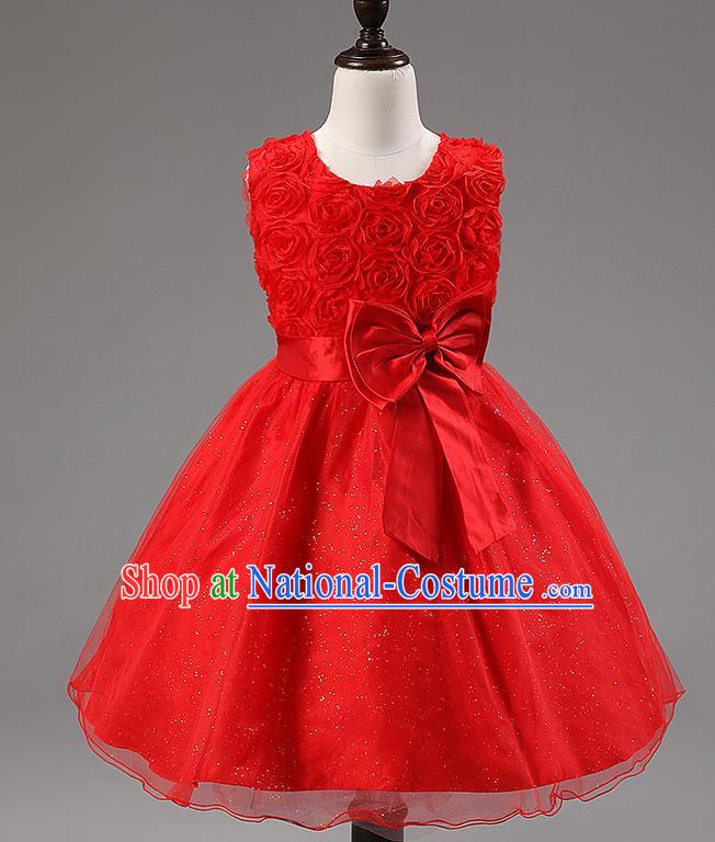 Children Modern Dance Princess Red Rose Dress Stage Performance Catwalks Compere Costume for Kids