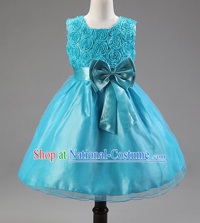 Children Modern Dance Princess Blue Rose Dress Stage Performance Catwalks Compere Costume for Kids