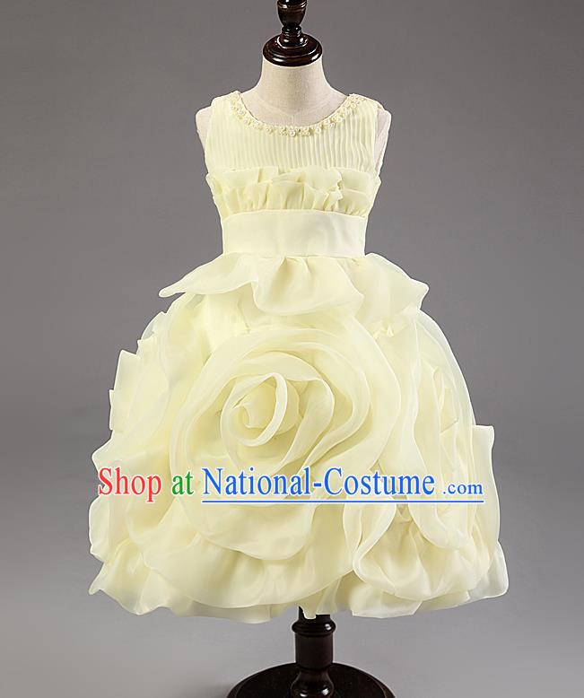 Children Modern Dance Princess Dress Stage Performance Catwalks Compere Yellow Rose Costume for Kids