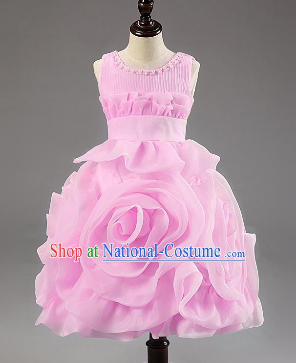 Children Modern Dance Princess Dress Stage Performance Catwalks Compere Pink Rose Costume for Kids