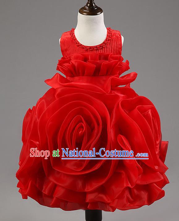 Children Modern Dance Princess Dress Stage Performance Catwalks Compere Red Rose Costume for Kids