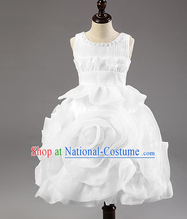 Children Modern Dance Princess Dress Stage Performance Catwalks Compere White Rose Costume for Kids