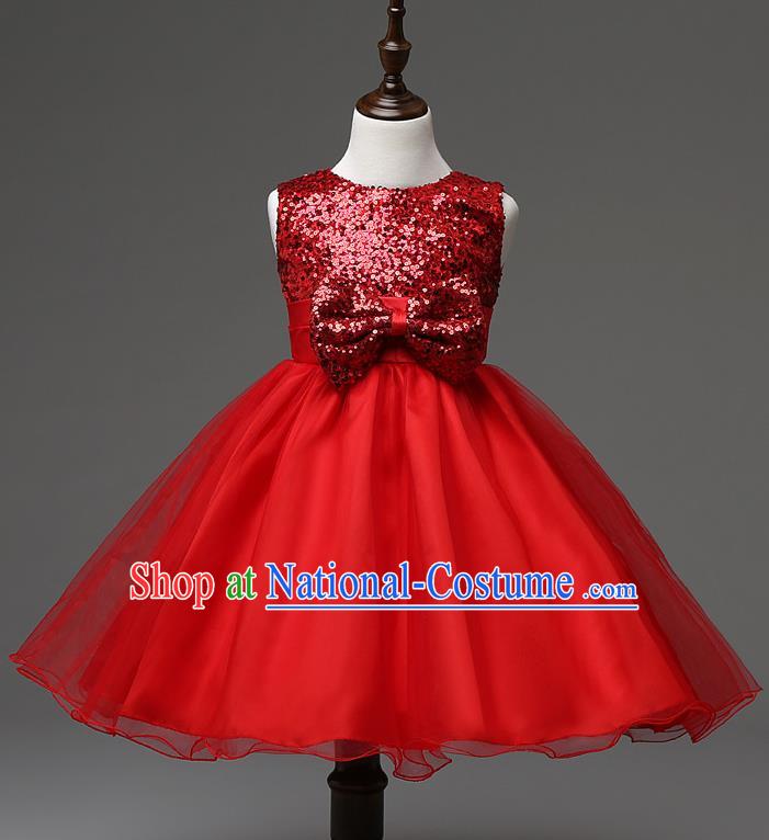 Children Modern Dance Compere Red Full Dress Stage Performance Catwalks Costume for Kids