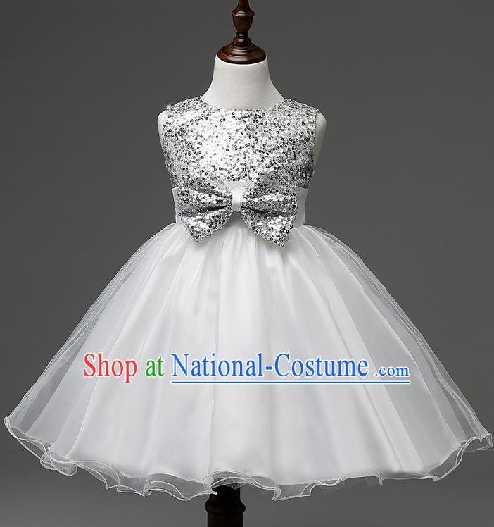 Children Modern Dance Compere White Full Dress Stage Performance Catwalks Costume for Kids