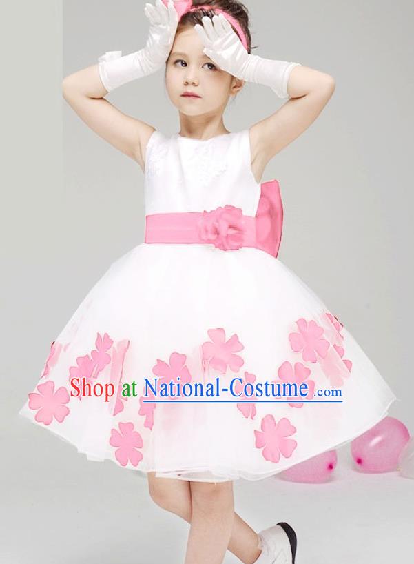 Children Modern Dance Compere Pink Flowers Full Dress Stage Performance Catwalks Costume for Kids