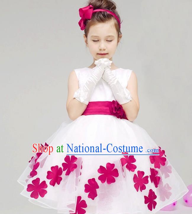 Children Modern Dance Compere Rosy Flowers Full Dress Stage Performance Catwalks Costume for Kids