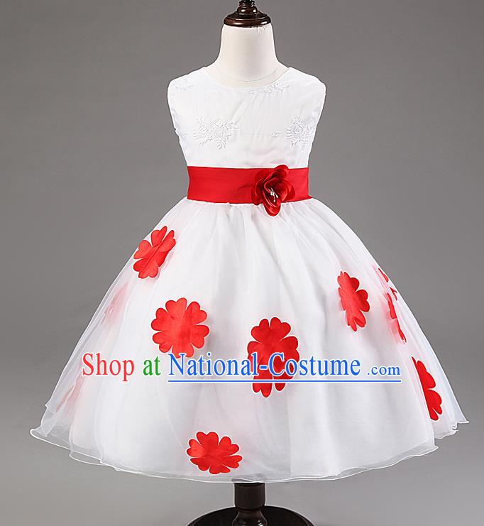 Children Modern Dance Compere Red Flowers Full Dress Stage Performance Catwalks Costume for Kids