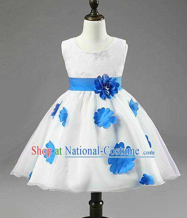 Children Modern Dance Compere Blue Flowers Full Dress Stage Performance Catwalks Costume for Kids